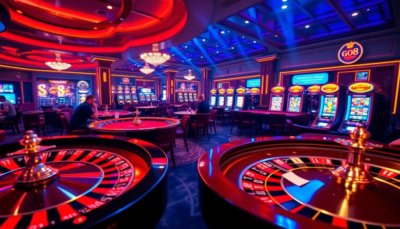 Engaging casino scene showcasing go8 gaming activity with poker tables and roulette wheels.