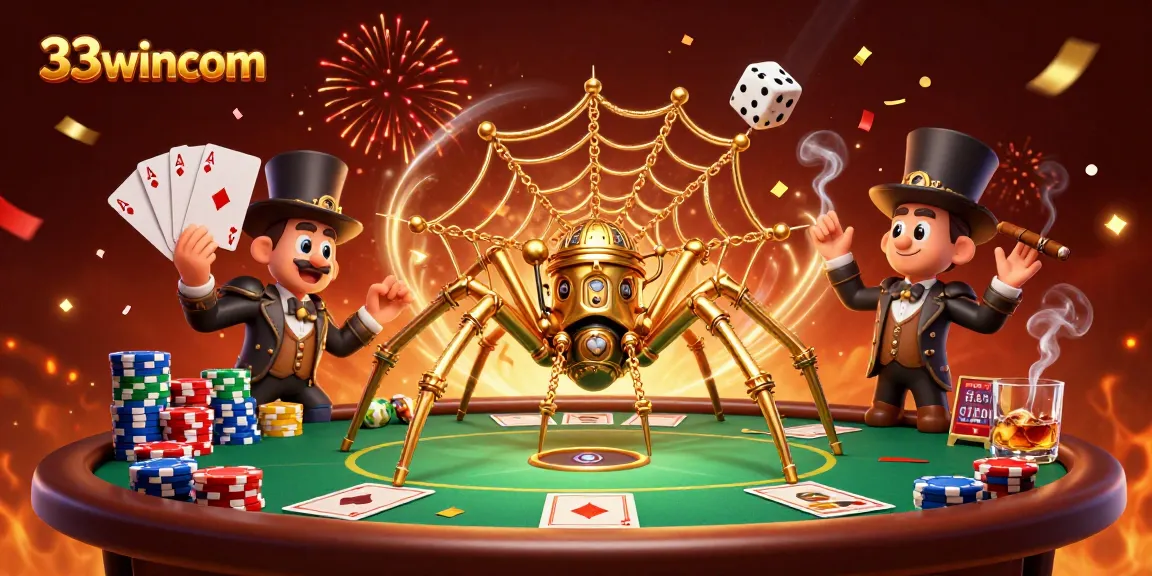 Engage in thrilling gameplay with 33wincom, where a steampunk spider and dice collide in a vibrant casino scene.