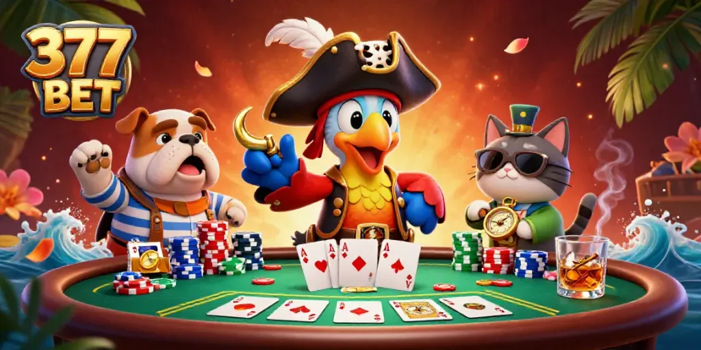 Engage with 377 BET at an animated poker scene, showcasing colorful chips and winning hands.
