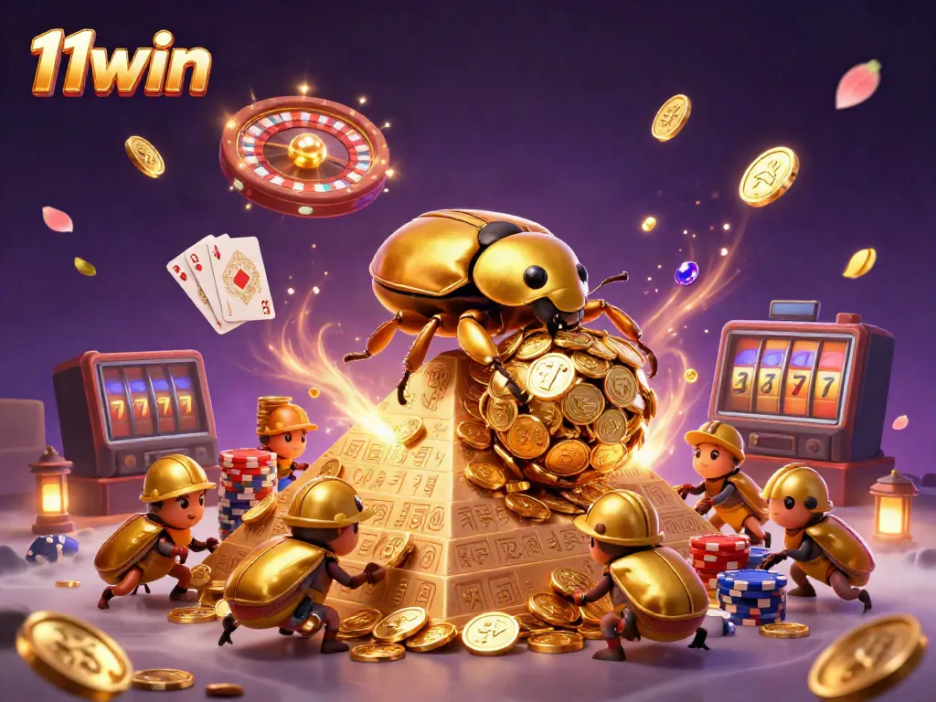 Experience the thrill of 11win with a vibrant casino scene featuring golden coins and sparkling gems.
