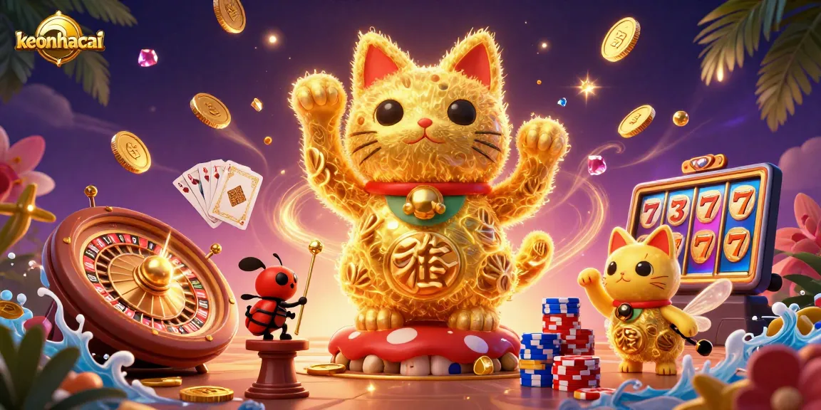 Engage in vibrant casino action with keonhacai's lucky cat illustration and dynamic game elements.