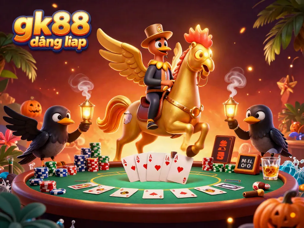 Experience the thrill of gk88 đăng nhập with a vibrant casino scene featuring a golden rooster and playful crows.