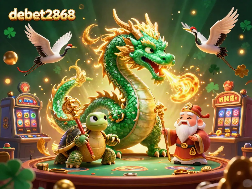Engage with debet2868 as the emerald jade dragon ignites a dynamic casino scene filled with slot machines and vibrant energy.