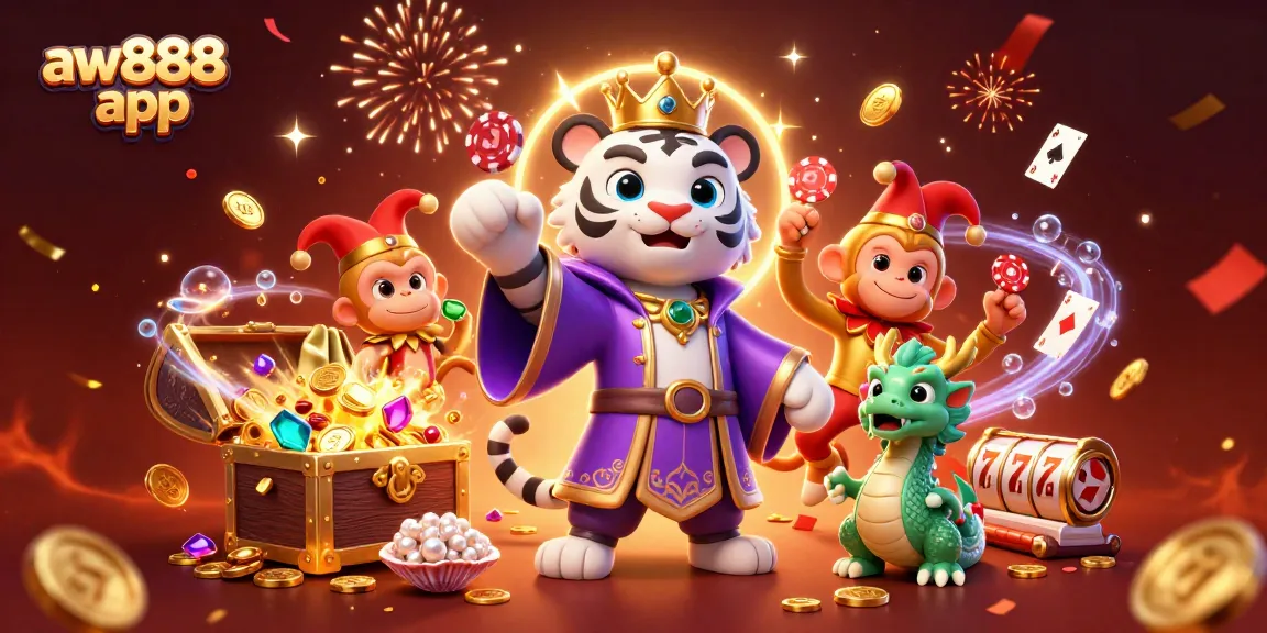 Engage with the aw888 app's features with playful characters in a vibrant casino-themed illustration.