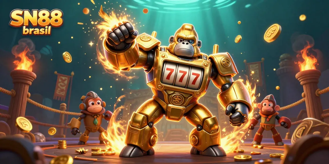 Win big with SN88 brasil's immersive casino experience, featuring a dynamic golden gorilla mech.