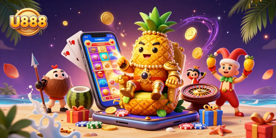 Experience dynamic gaming action with U888's unique casino scene featuring vibrant characters and gaming elements.