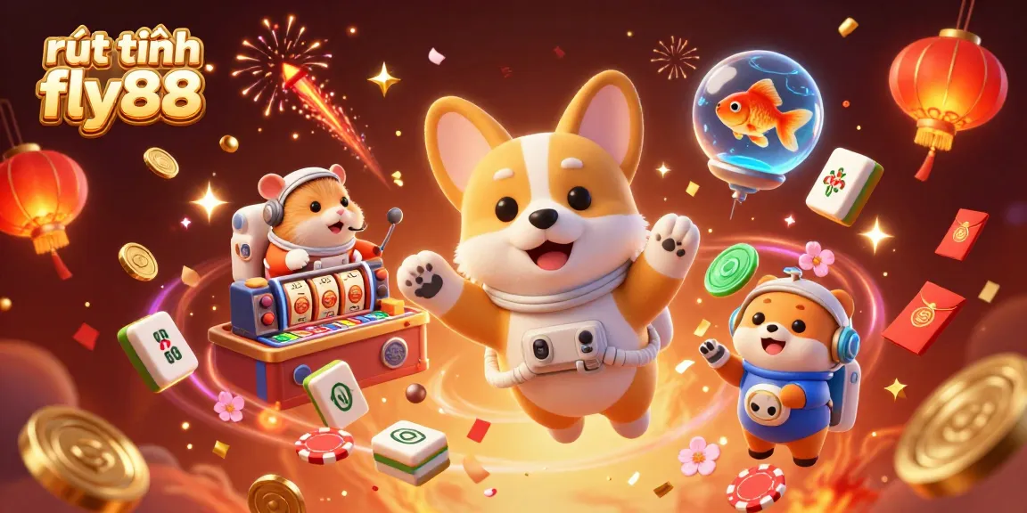 Celebrate rút tiền fly88 with a vibrant 3D illustration of an astronaut corgi, golden coins, and festive elements.