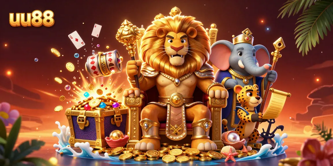 uu88 players engage with dynamic slot reels and treasures in a captivating casino scene.