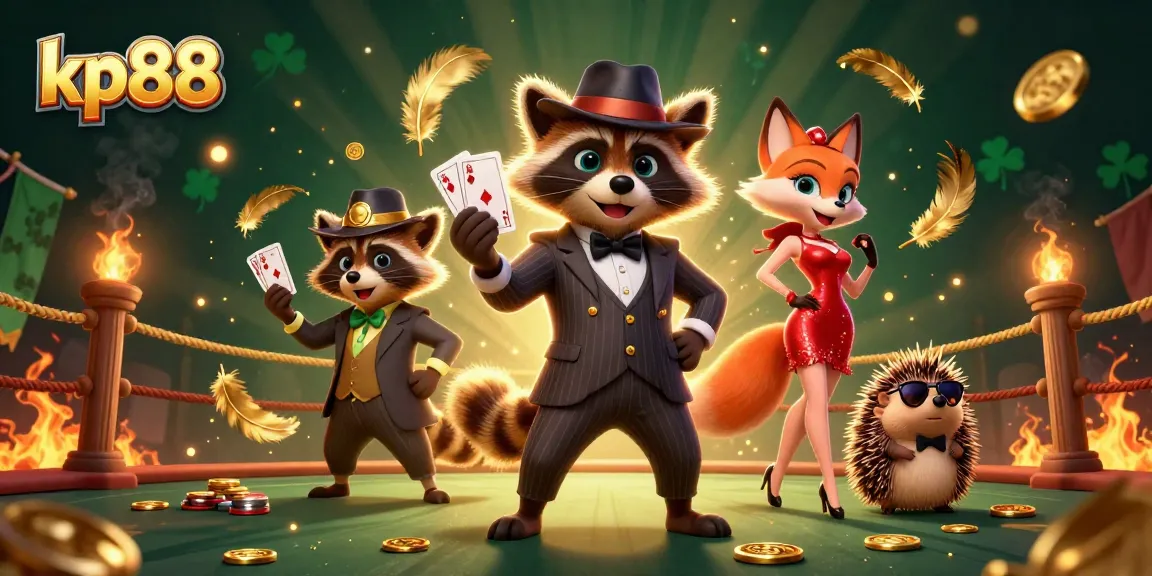 Join the excitement at kp88 casino with suave characters and vibrant gaming elements in a dynamic illustration.