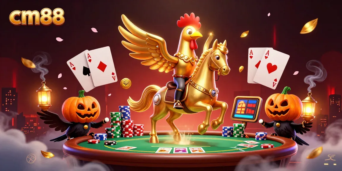 Experience thrilling action at cm88 with a golden rooster and spectral horse in a lively casino scene.