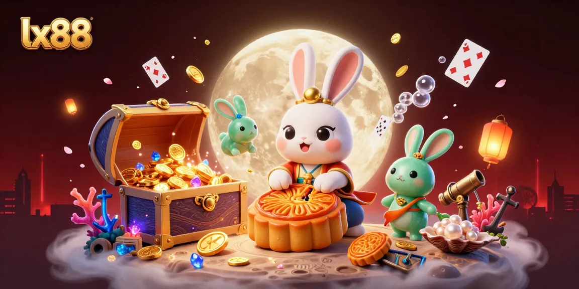 Experience lx88 with a vibrant scene of a moon rabbit revealing poker chips, ensuring captivating gaming adventures.