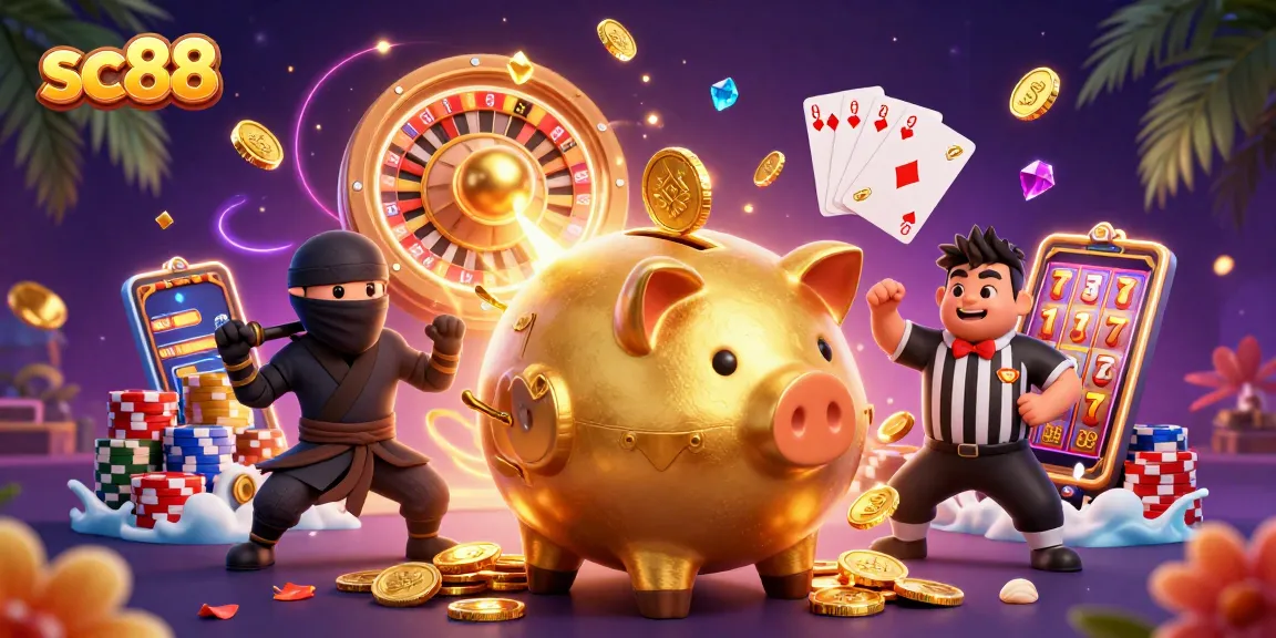 Experience thrilling action at sc88 with a dynamic scene featuring golden coins, characters, and gaming elements in a vibrant casino atmosphere.