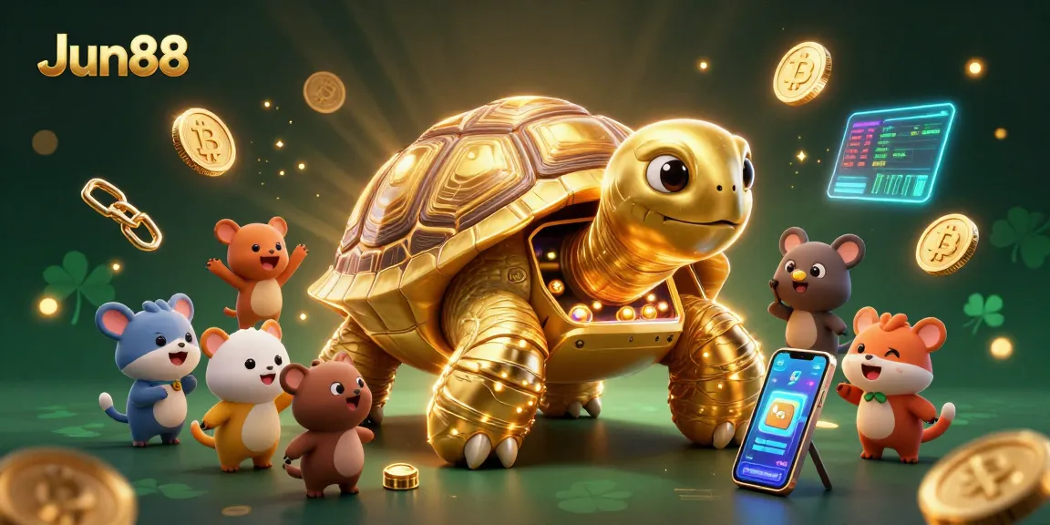 Join Jun88's exciting gaming experience with a golden tortoise and crypto elements.