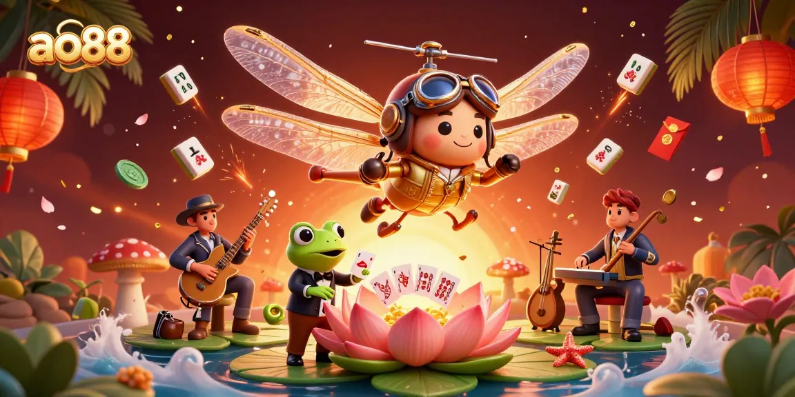 Experience thrilling gaming moments at ao88 with a dynamic scene of dragonflies and frog croupiers.