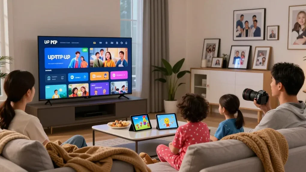 Família assistindo IPTV em sala de estar moderna, com TV grande e decorações aconchegantes.