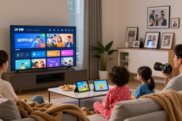 Família assistindo IPTV em sala de estar moderna, com TV grande e decorações aconchegantes.
