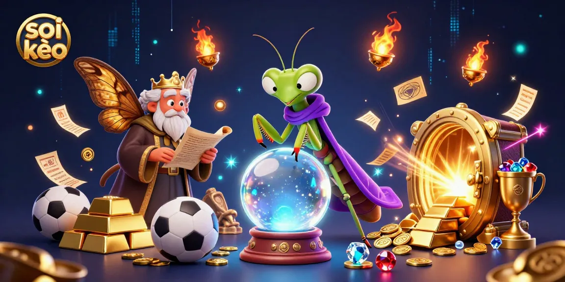 Soi kèo expert fortune teller reveals winning betting strategies in sport-themed 3D illustration.