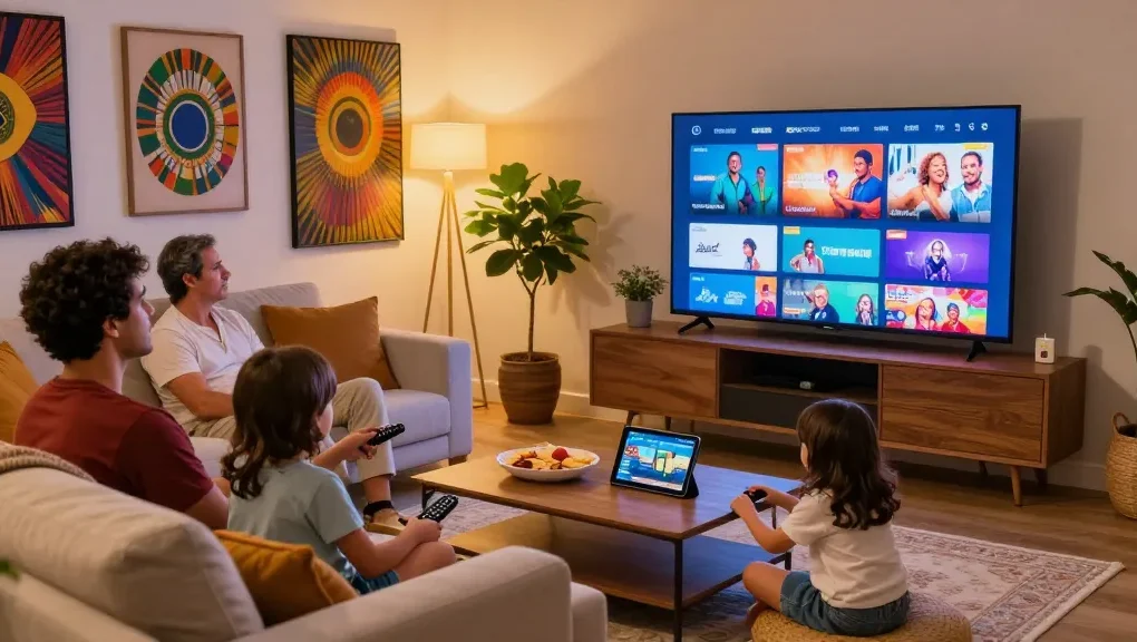 Família reunida assistindo BestBrazilIPTV na sala de estar aconchegante.