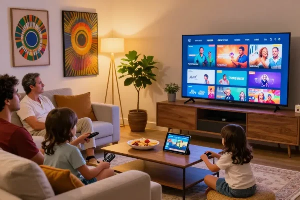 Família reunida assistindo BestBrazilIPTV na sala de estar aconchegante.